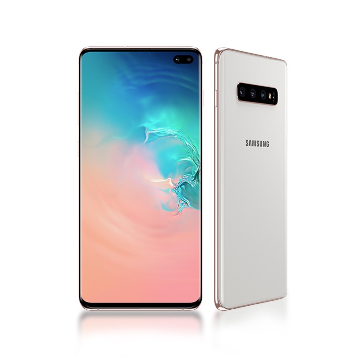 a front on and side on view of the galaxy s10 available through the samsung upgrade - pack samsung galaxy s10 fortnite