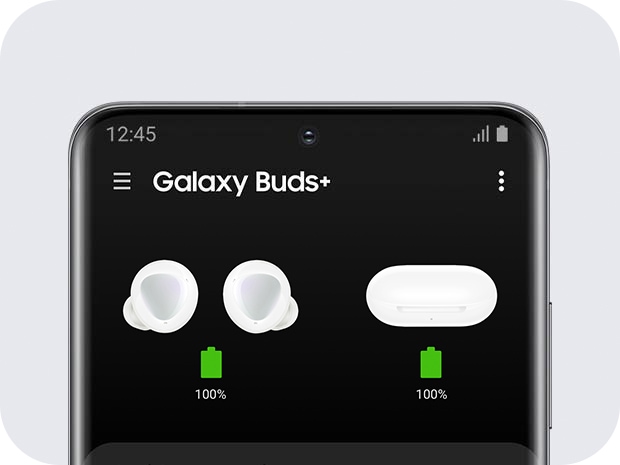 A Galaxy phone with a GUI of the battery life of the earbuds and charging case displayed conveniently on the screen.