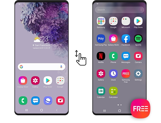 홈 화면에서 Samsung Free에 액세스하는 방법을 보여줍니다. 두 개의 스마트폰이 보여지고 중앙에는 위/아래가 표시된 스와이프 아이콘이 보여집니다. 왼쪽에는 홈화면이 우측에는 앱 목록이 보여집니다. 홈 화면에서 위로 올리면 앱 목록이 나타나고 Samsung Free 앱 아이콘을 눌러 Samsung Free를 열수 있습니다.