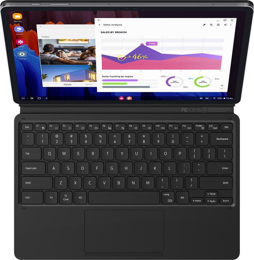 Với bao da tích hợp bàn phím BookCover, Kết hợp với Samsung DeX sẽ giúp Galaxy Tab S7 có các tính năng ưu việt, mạnh mẽ như máy tính để bàn, chỉ với 1 lần chạm.