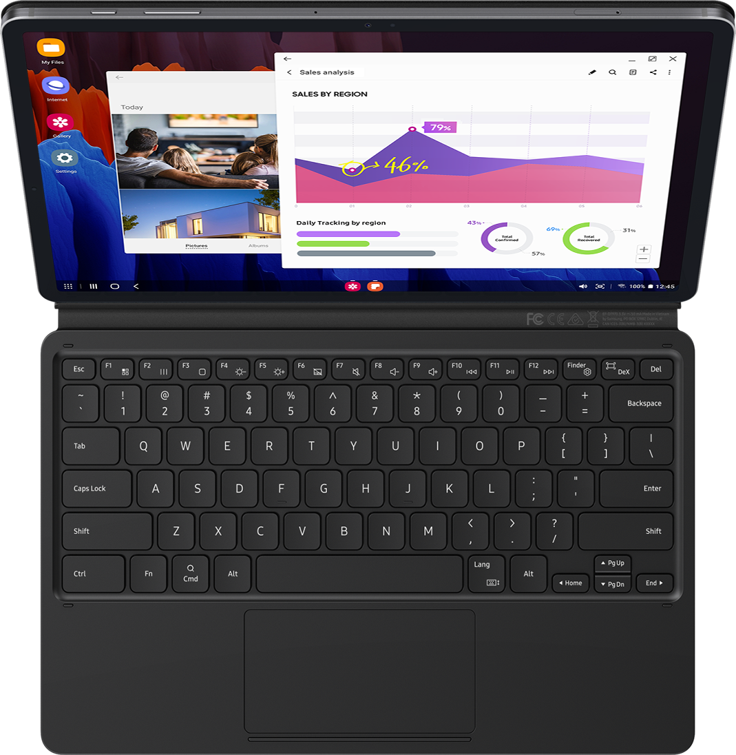 When the magnetic BookCover Keyboard is attached to Galaxy Tab S7+, you can simply press the DeX hotkey to complete your PC-like experience