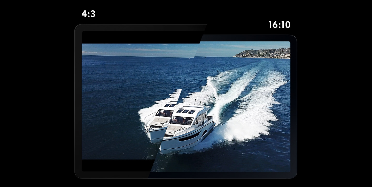 comparing the display size of 16:10 Tab S7 / S7+ with 4:3 the other tablet. The image of a ship on the sea is on the screen.