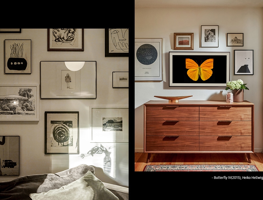 하얀 벽에 Heiko Hellwig의 <Butterfly IV> (2015)가 띄워진 The Frame이 다른 예술 작품들과 조화롭게 걸려 있습니다.