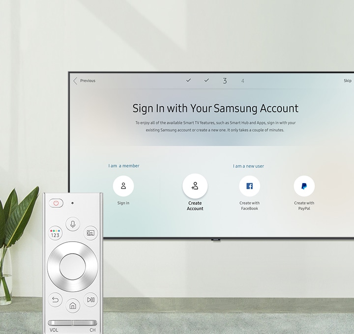 One Remote Control and  Smart TV; Samsung Account Log In screen on with the caption "Sign In with Your Samsung Account."