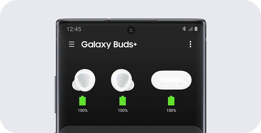 A Galaxy phone with a GUI of the battery life of the earbuds and charging case displayed coveniently on the screen.