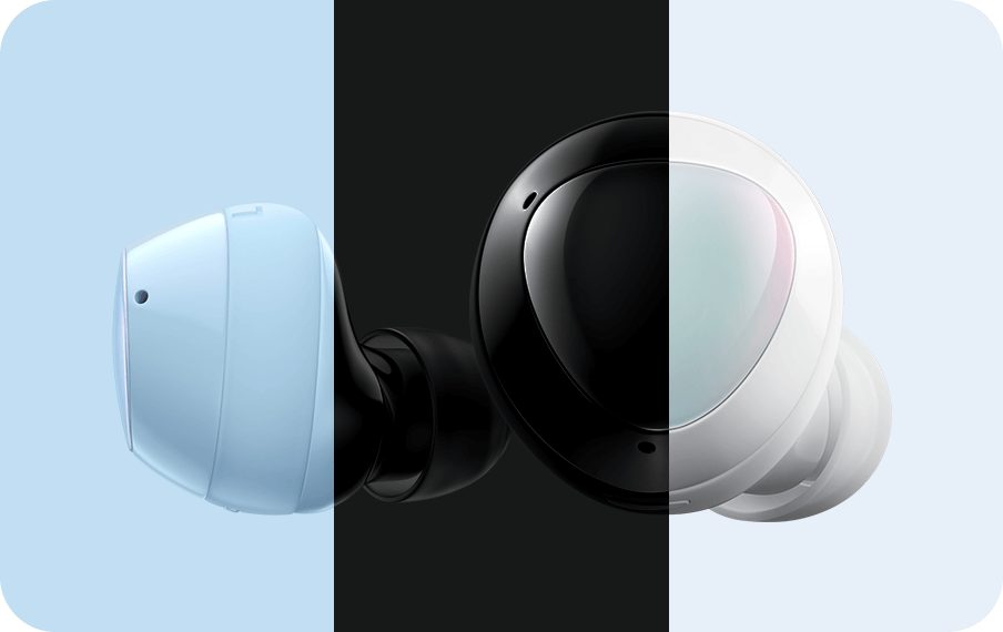 Enlarged pair of Galaxy Buds plus earbuds with a profile view of a blue earbud next to an outer surface view of a white earbud. The left third is overlayed in blue, the middle is overlayed in black and the right third is clear. Four line drawings on the bottom indicating tap commands. Tap to play or pause. Double tap to play next song or recieve and end calls. Triple tap to play previous song. Touch and hold to perform user-set function. 