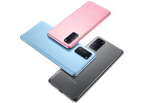 Two Galaxy S20 phones in Cloud Blue, one seen from the rear and the other seen from the front with a blue graphic wallpaper on screen.