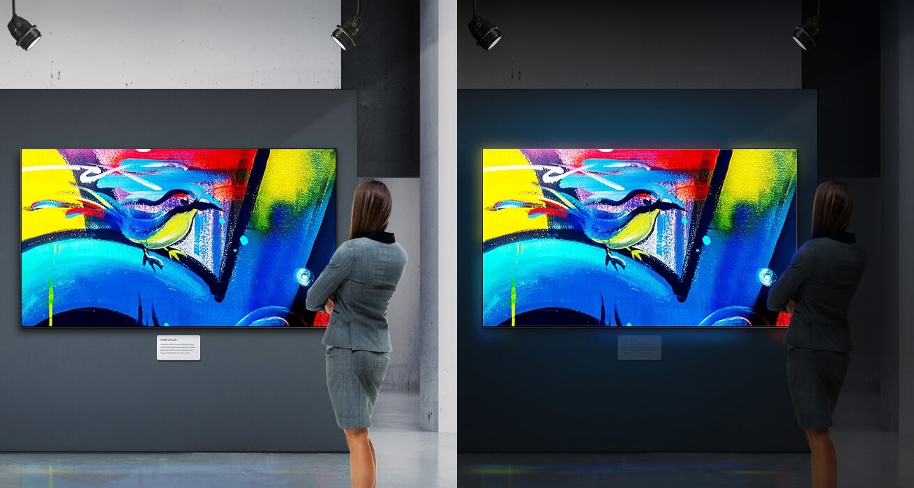 An image showing two QHH displays and a woman looking at the screens, which are displaying a work of art. The display on the left shows a bright image while the one on the right shows a dark image, indicating that this new product provides the same brightness, screen quality and vividness levels in all environments.