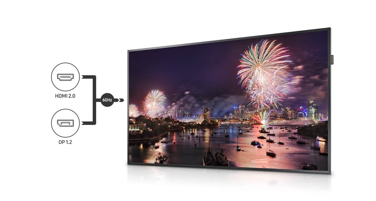 An image showing a Samsung QBH display unit showing brilliant fireworks exploding onscreen. HDMI 2.0 and DP 1.2 icons are also visible, with a 60Hz icon and an arrow, indicating that the ports support 60Hz power output.