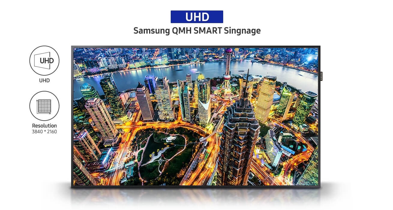Under text that reads HD Samsung QMF SMART Singnage is an image of the QMH Series display product showing a night-time cityscape. On the upper left, UHD and 3,840x2,160 resolution icons can be seen.