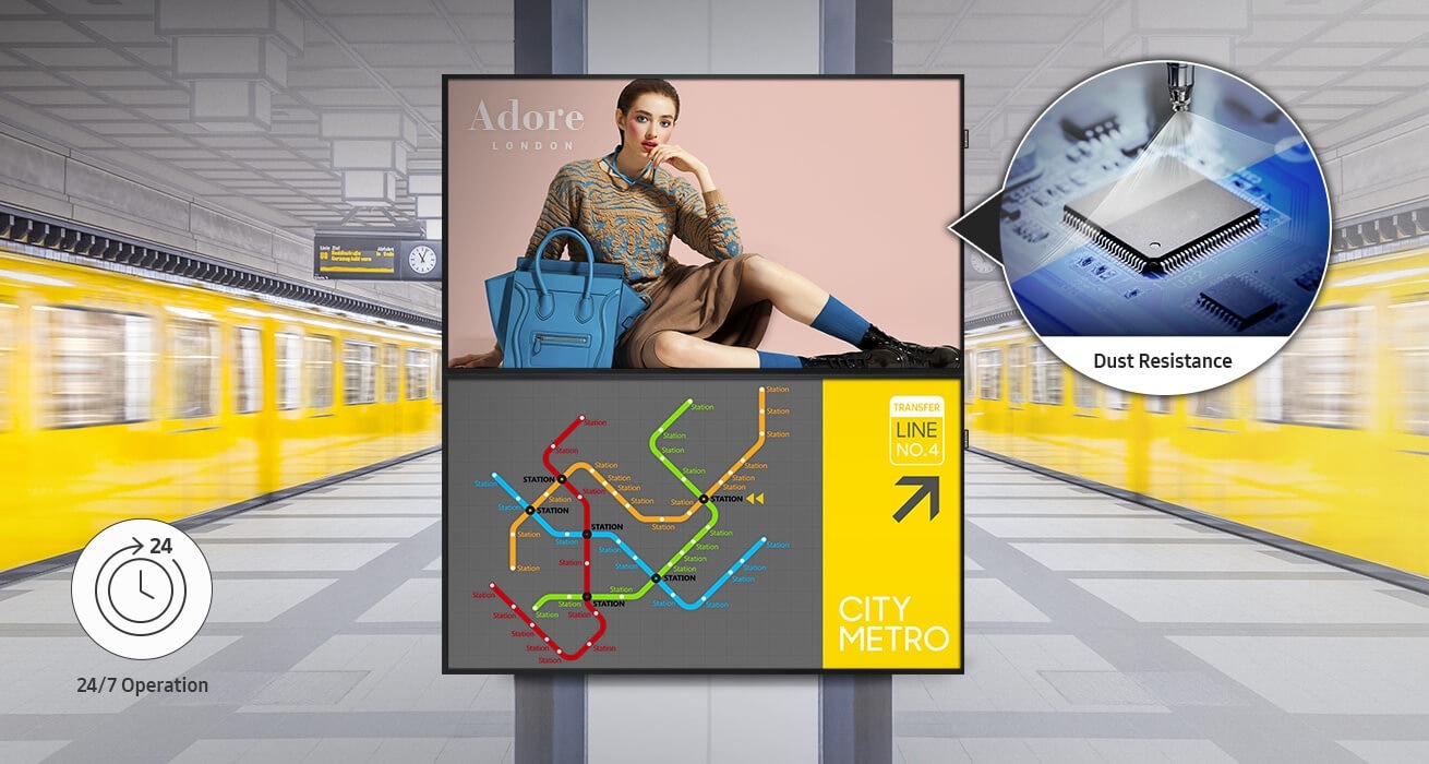 An image showing a QMH Series display unit installed on pillars in a subway station. The device's screen shows a fashion-related advertisement with a magnified image featuring Dust Resistance on the right. In the bottom left, a 24/7 Operation icon can be seen.