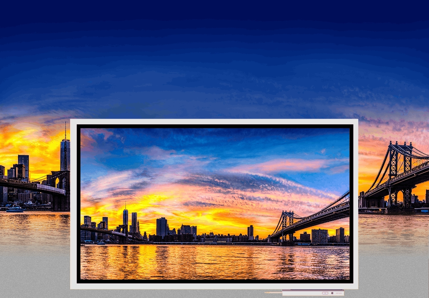 An image showing a city sunset shown on a Samsung Flip device