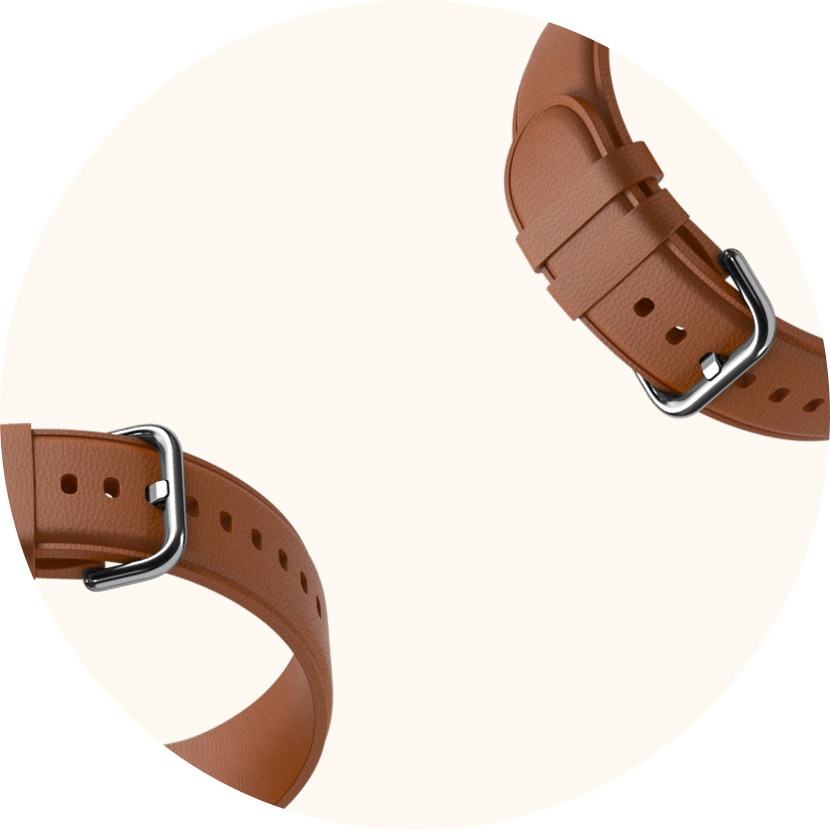 A Galaxy Watch Active2 watch strap that turns into a brown leather strap with a QR code to the left that when scanned changes the watch face into a design matching it.