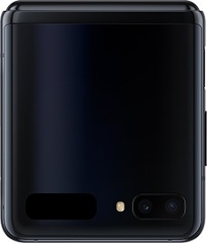 Galaxy Z Flip in Mirror Black folded and seen from the front showing the rear camera and the Cover Display