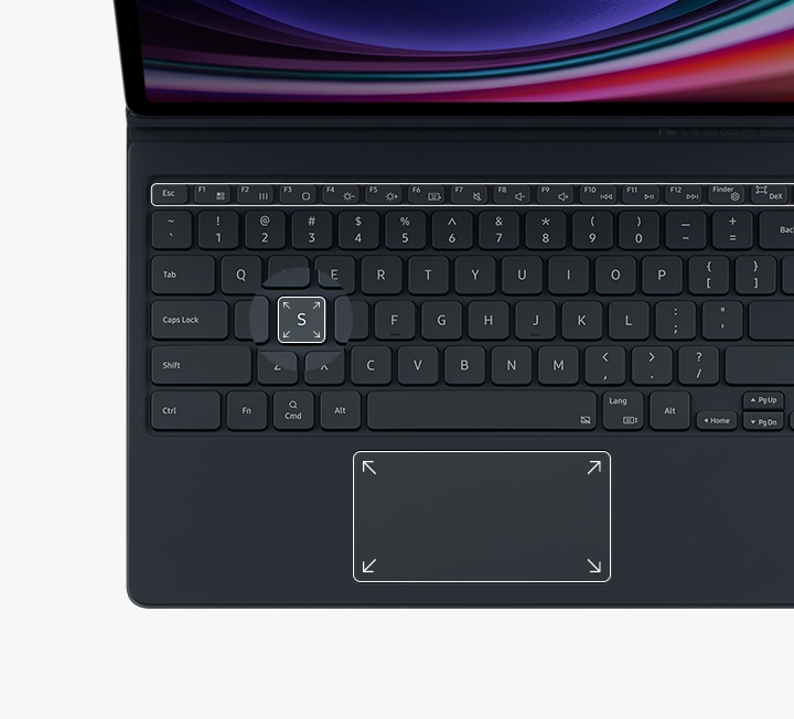 A front view of the keyboard with function keys highlighted. A key and the trackpad are also highlighted to underscore their large size.