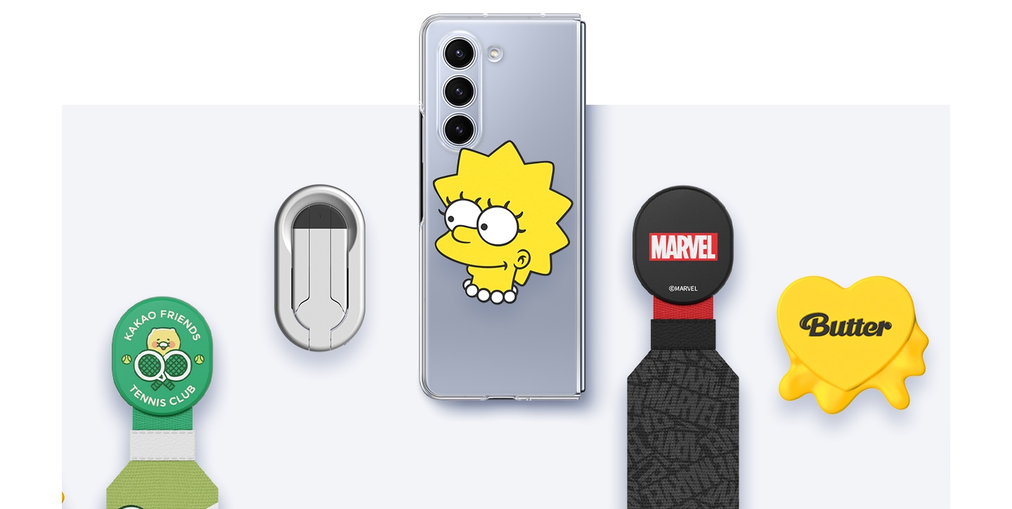 A line of collaboration accessories of various fun designs slide to the right one by one onto a gadget platform on the back of a Clear Gadget Case to show that they can be swapped easily.