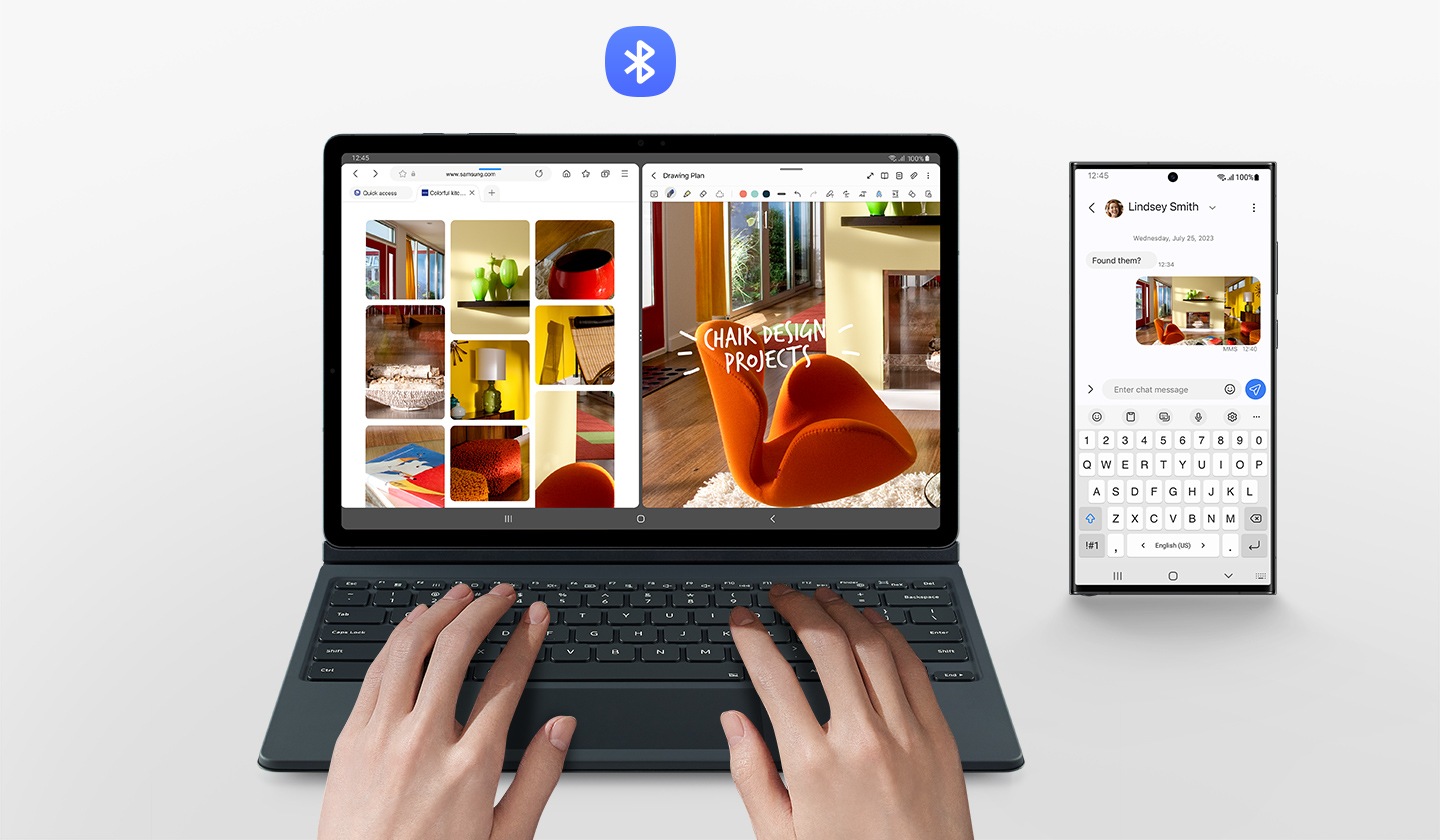 A person is using Galaxy Tab S9+ with the Book Cover Keyboard. Its screen is divided into two windows with several image results of home furniture on the web and one of the images being edited. A Galaxy smartphone with the image on the screen while letters are being typed with the cover's keyboard. Bluetooth logo is shown.