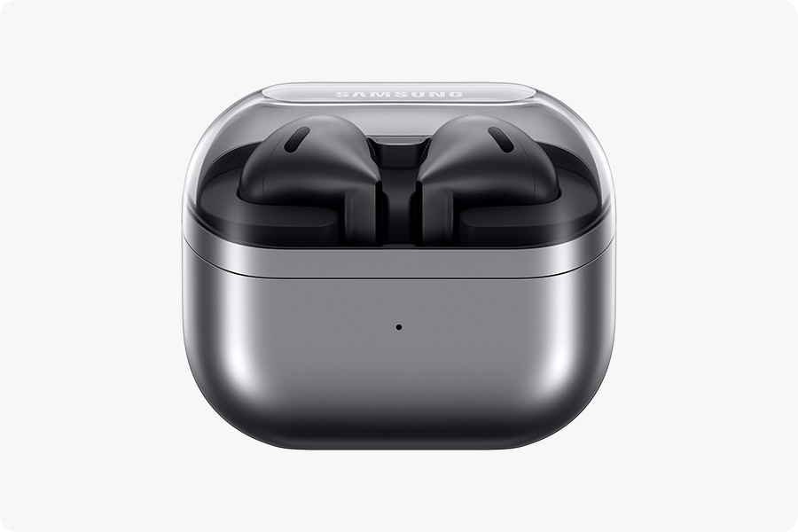 A Pair Of Silver Colored Galaxy Buds3 Earbuds In A Closed Case.