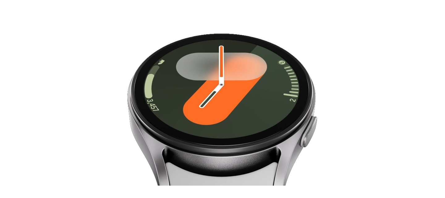 A Galaxy Watch7 showing its underlying 3nm processor and then, showcases a series of features: the time, Dual-Frequency GPS navigation, sleep tracking with a sleep score and long-lasting battery.