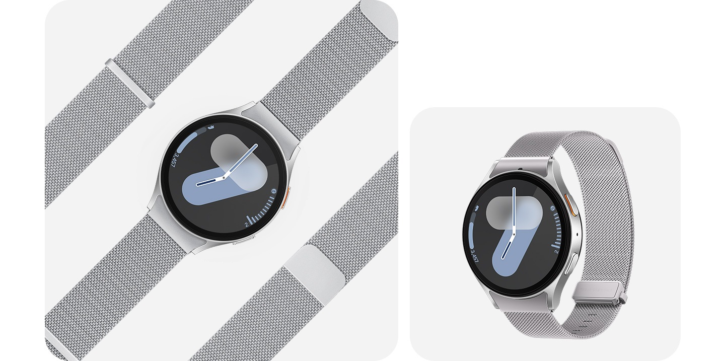 On the left, the Galaxy Watch7 with the Galaxy Watch7 Milanese Band is shown in between two detached Milanese Bands. On the right, a front shot of the Galaxy Watch7 with the Milanese band is shown.