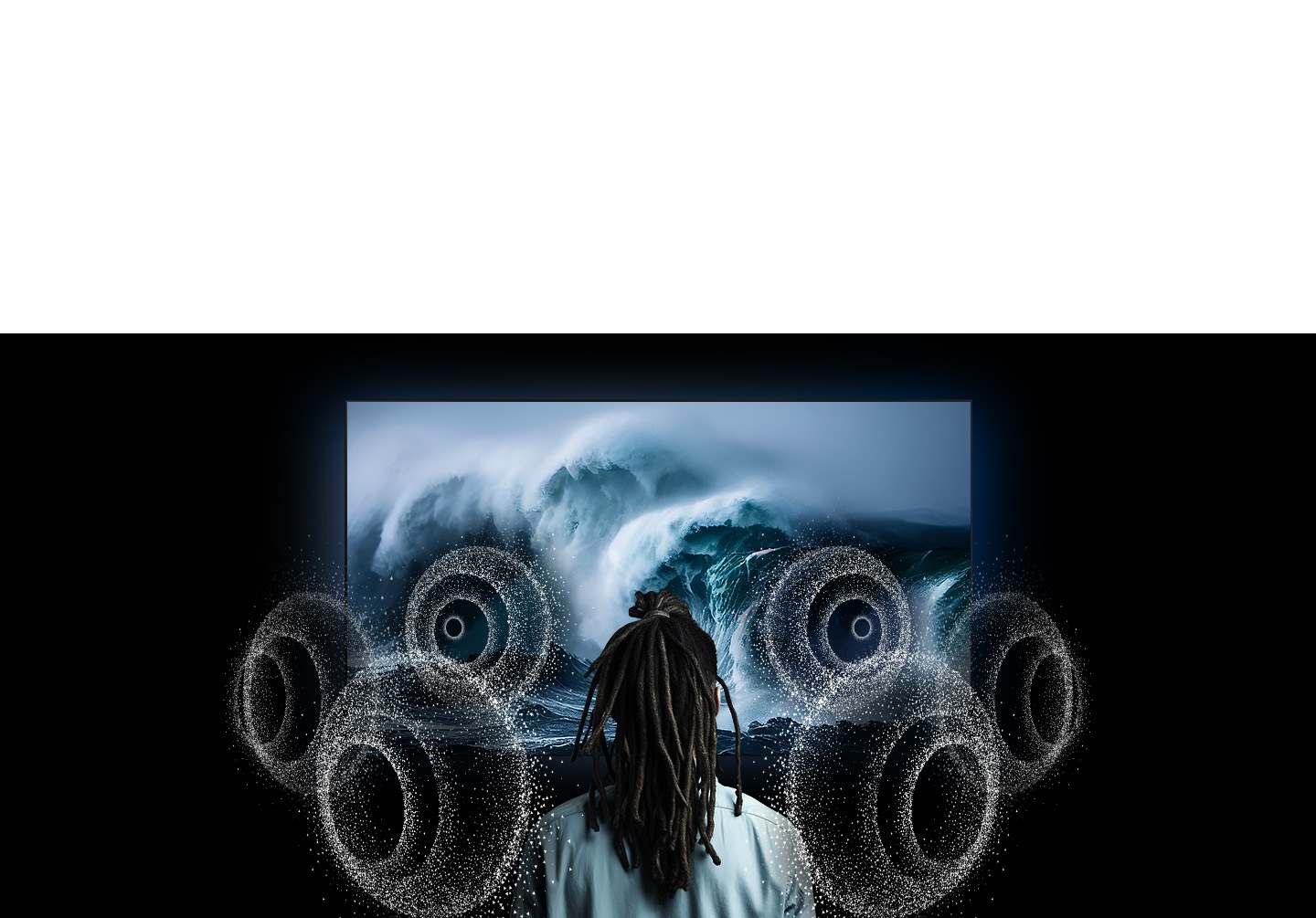 A man watching TV which shows 3 large waves rolling and crashing back into the ocean. 6 sound speaker rings appear around the man.