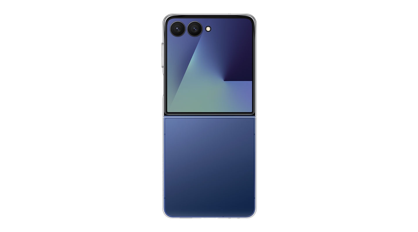 Front view of a fully unfolded Galaxy Z Flip7 with the Clear Case and FlexWindow facing front.
