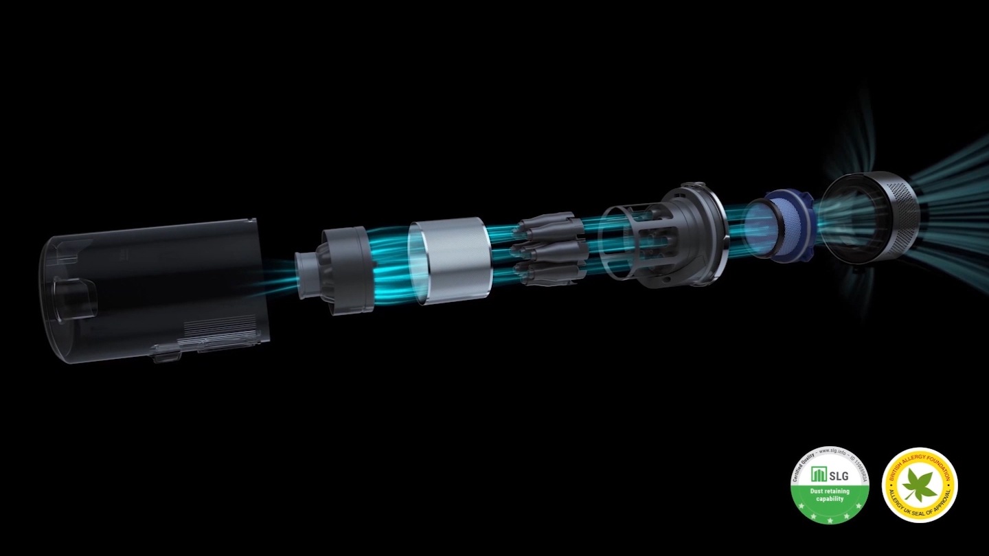 In the first stage of the filtration process, a main cyclone and metal mesh grille filter pick up large large dust particles. The Jet cyclone and micro filter then captures fine dust particles. Finally an ultra fine dust filter captures 0.3~10µm*** sized dust particles and allergens by 99.999%