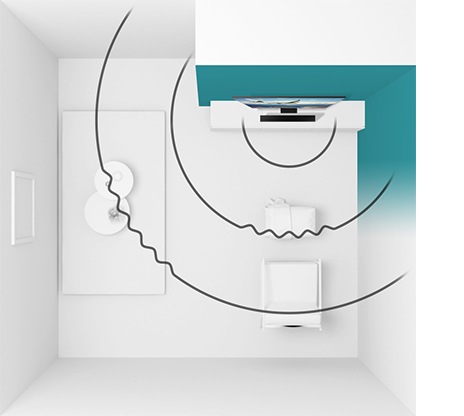 Illustration of SpaceFit Sound feature shows wall-mounted Samsung Q Soundbar projecting soundwaves across a living room and optimizing the TV sound settings according to TV and Soundbar’s corner room placement.