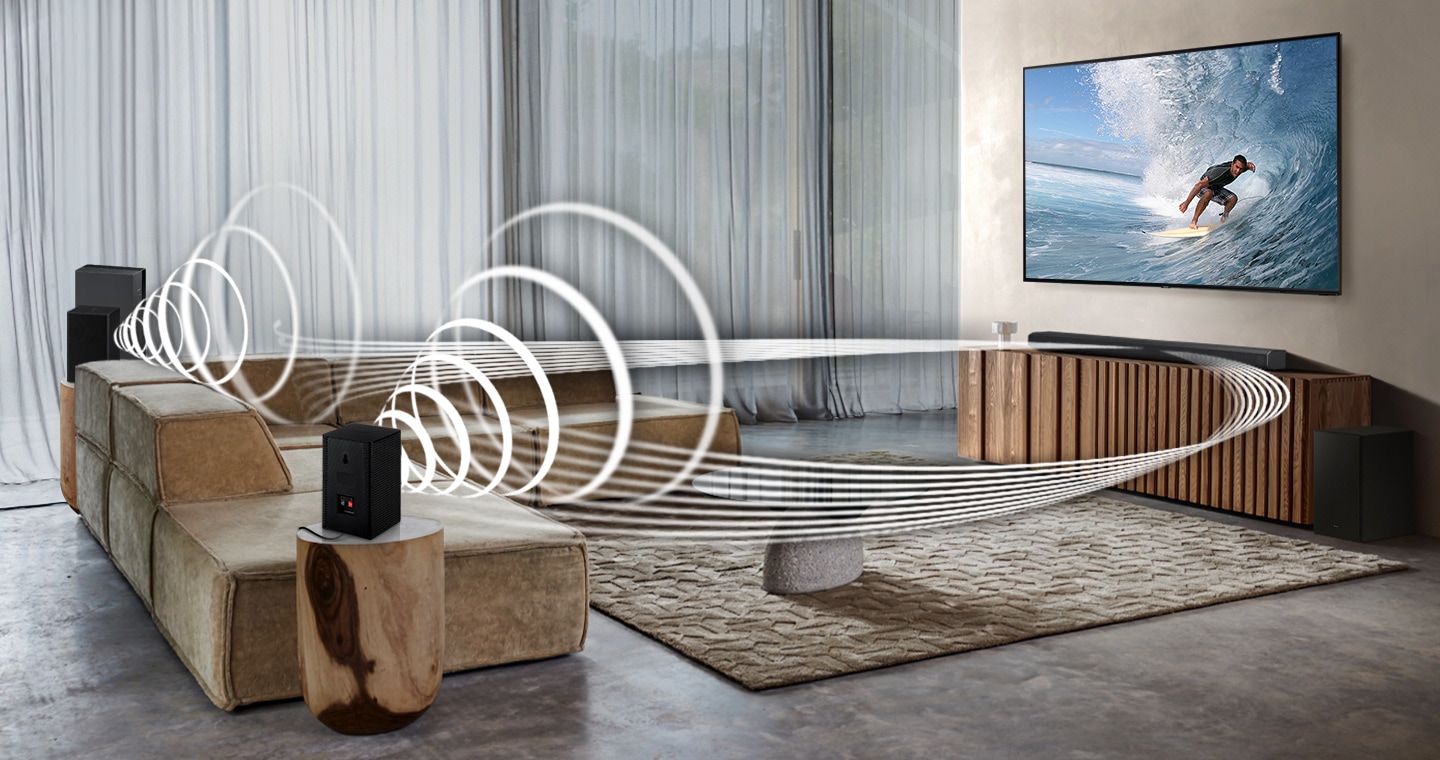 Soundwave graphics are playing from Samsung Wireless Rear Speaker Kit and Soundbar, demonstrating Wireless Surround Sound Compatibile feature of Samsung soundbar.