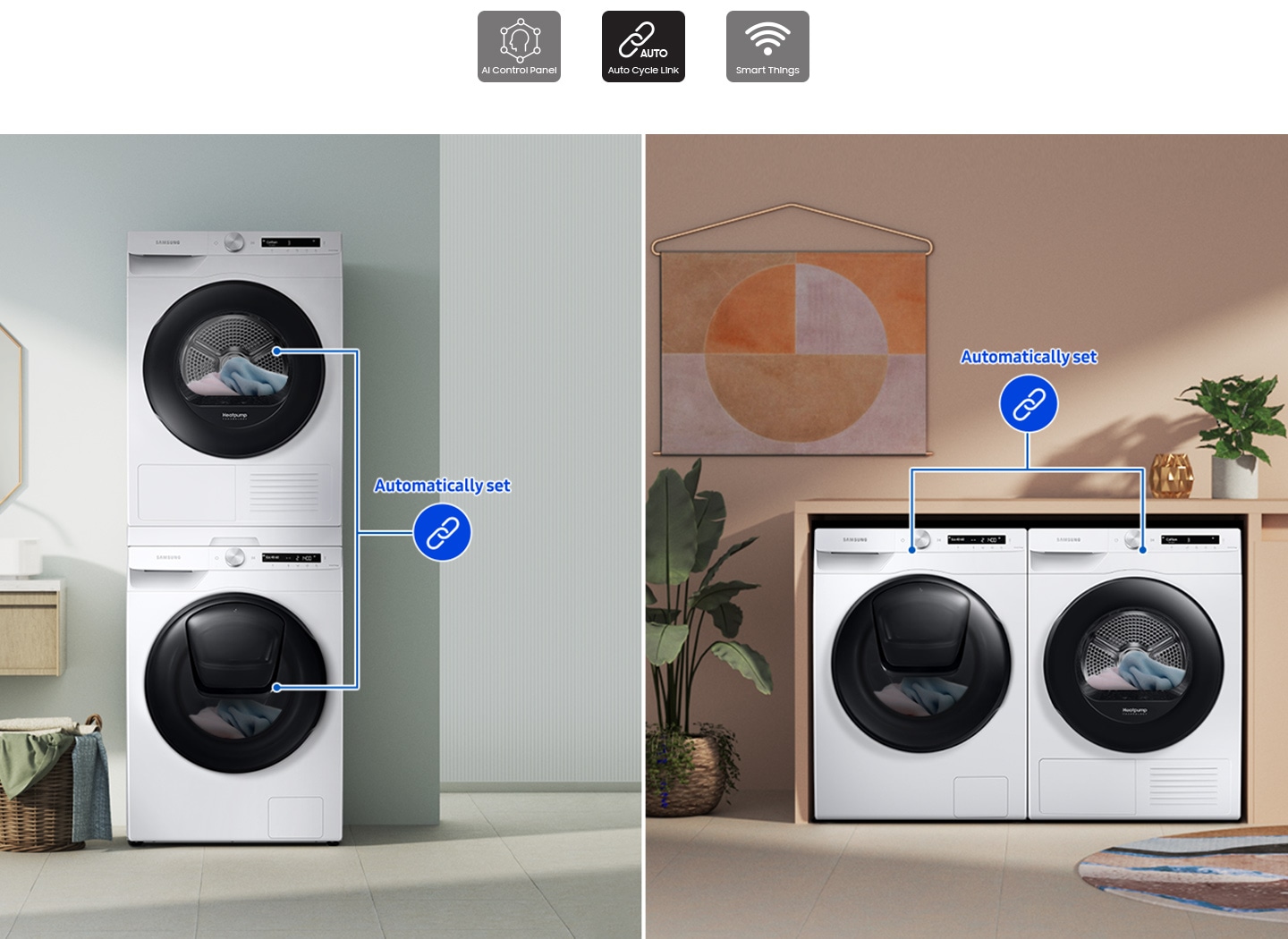 Dois conjuntos de lavadoras e secadoras são colocados de forma diferente em dois espaços separados. Cada conjunto está ligado com uma linha azul.
