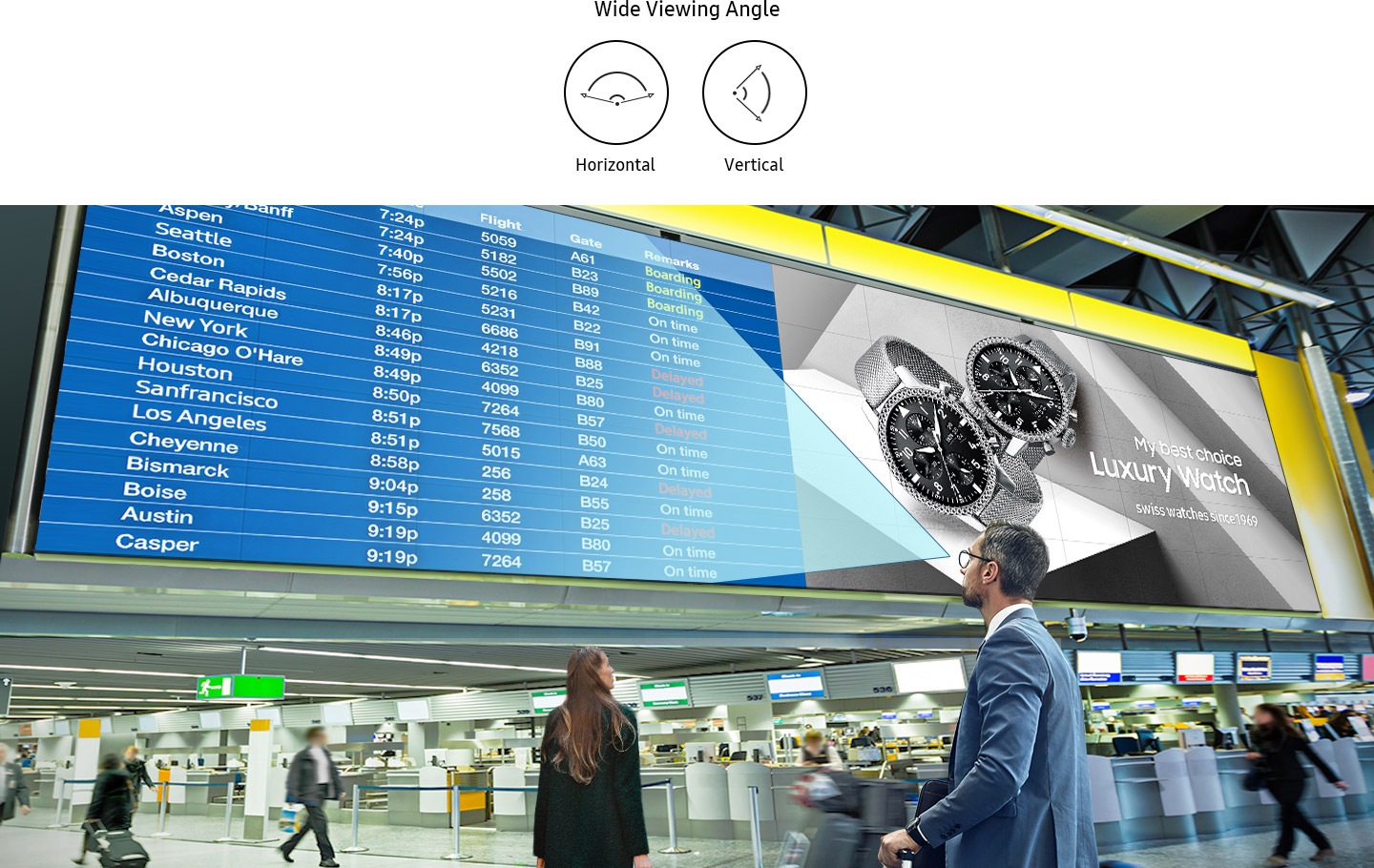 A man looking at the VHR-R at the airport. An icon displayes wide angle viewing (Horizontal, Vertical).