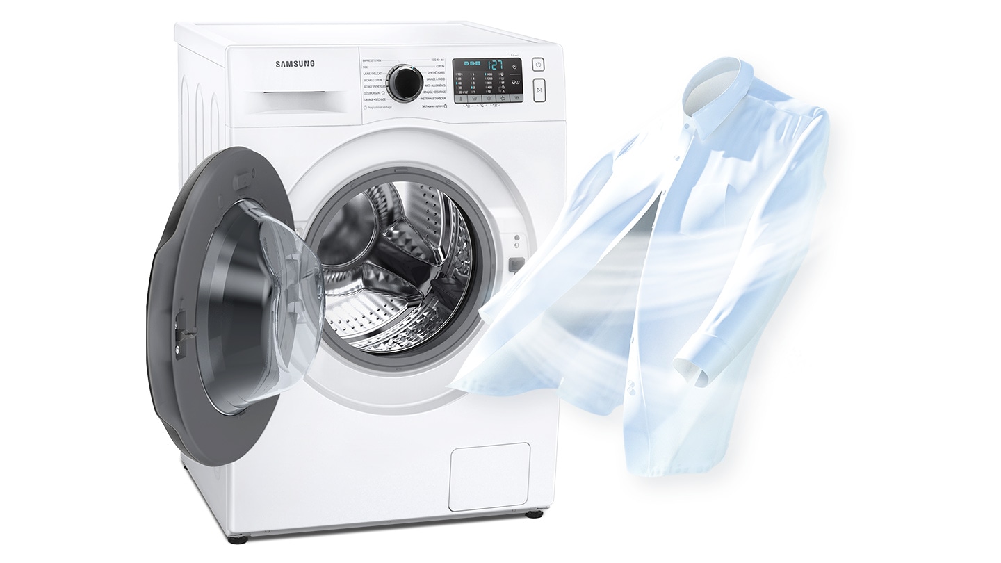 To show cleanliness, a strong air current is being blown to a white shirt where it stands next to an open dryer door.