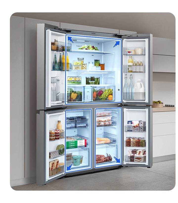 The fridge's 4 wide open doors demonstrate the large 28 cu. ft capacity and efficiently organized layout for easier use.