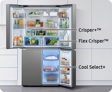 The refrigerator’s three doors are open to display the different compartments of the fridge. The Crisper+ drawer is in the upper left, while Flex Crisper is in the upper right of the fridge. On the bottom right of the fridge is the Cool Select+.
