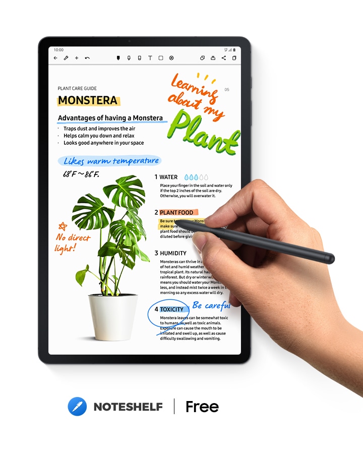 Galaxy Tab S7 FE seen with the Noteshelf app onscreen and notes regarding plants. A hand holds S Pen over it while writing. Noteshelf logo. Text says Free.