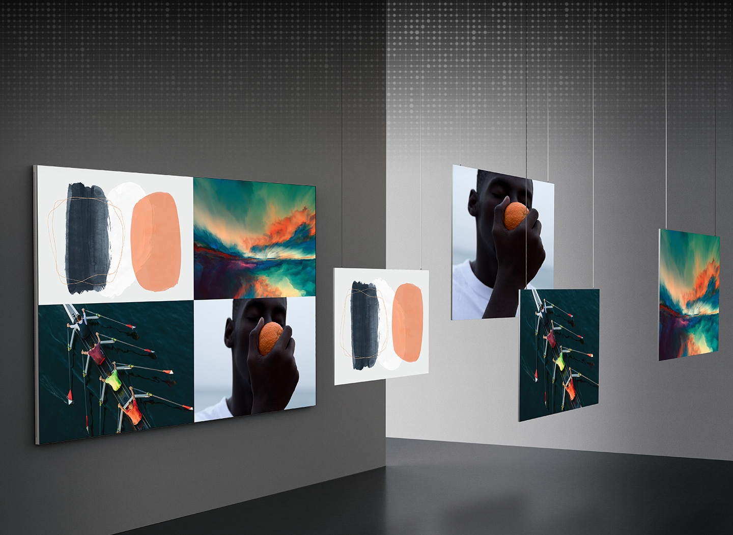 Four screens of content, including a piece of artwork, a nature scene, a rowing race, and a man eating fruit, are hanging from the ceiling. Behind them, MICRO LED shows the same four screens on one screen.