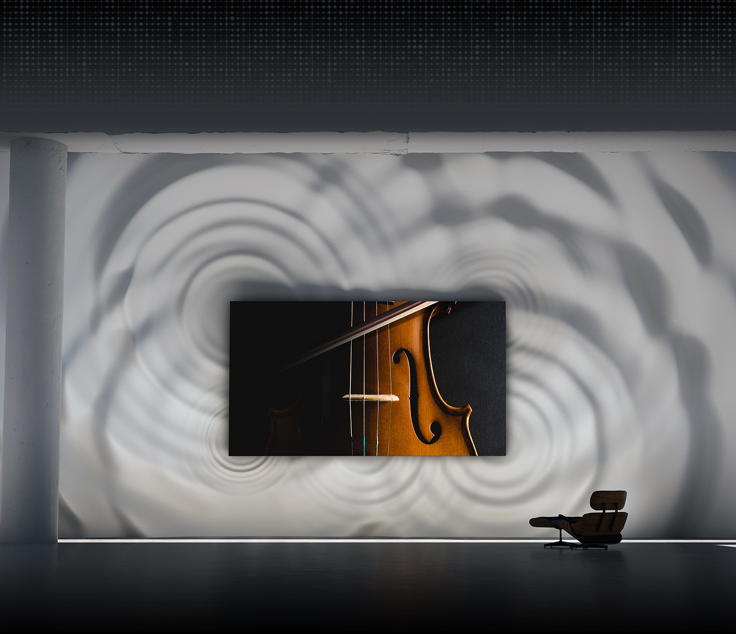 MICRO LED TV is wall-mounted and showing a closeup of a violin. The wall behind the MICRO LED shows large wave ripple graphics.