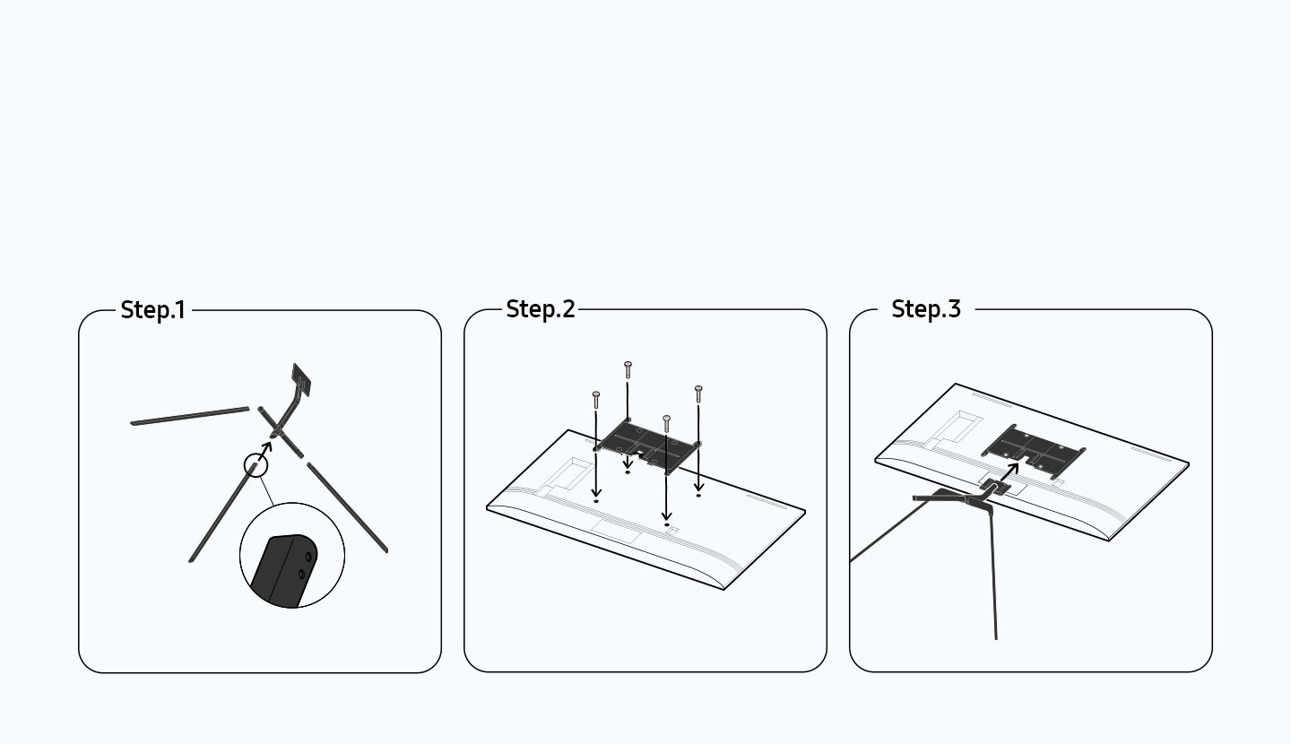 There are three steps to install the stand on the TV. Step 1 is assembling the stand legs. Step 2 is to align the support bracket to the back of the TV. Step 3 is to attach the stand leg to the bracket.