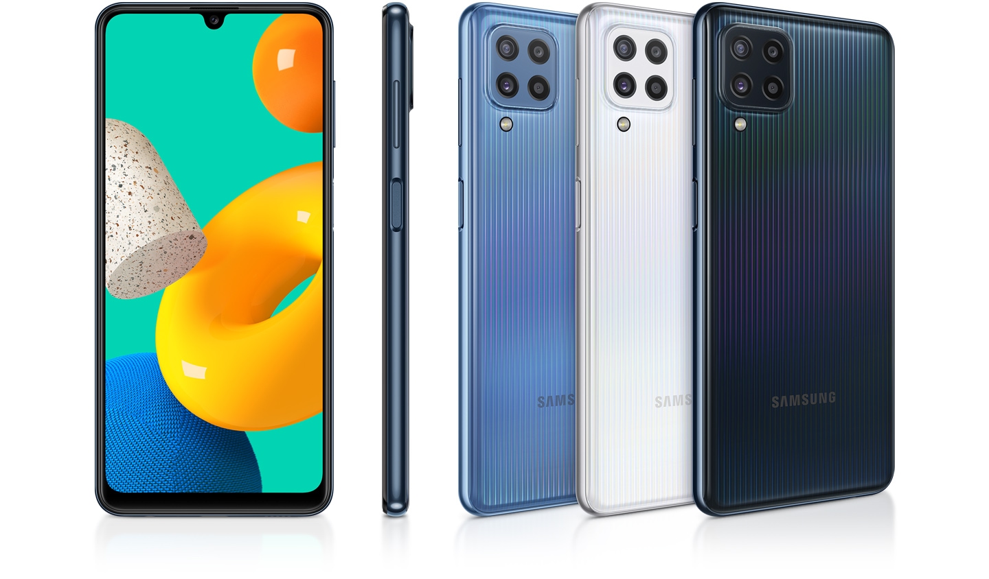 Five devices are displayed to appeal their colors and design. Three reversed ones are in sky blue and black; while one is looking at the front and another showing the right side of device.
