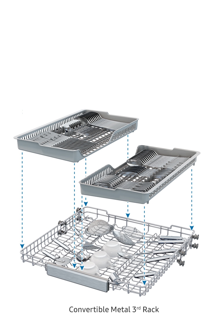 Shows how a 3rd Rack provides a dedicated area for kitchenware and cutlery, which can be moved easily in detachable trays.