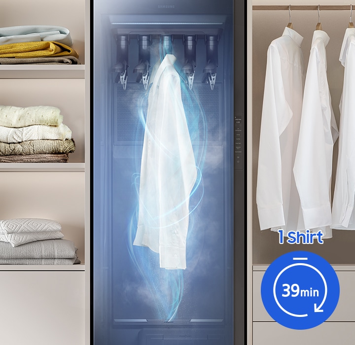 A shirt is dried through an AI Dry course equipped with an intelligent humidity sensor. The sensor reduces the drying time accordingly, and one shirt takes about 39 minutes.
