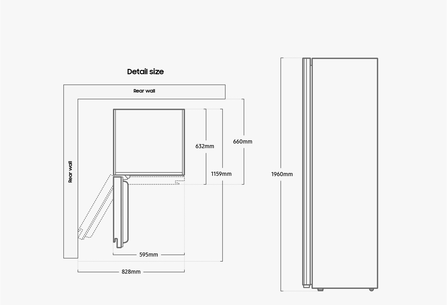 DF9000RM 1960mm high, 595mm long, and 632mm deep when the door is closed. Including space between the rear wall and the dresser, the depth is 660mm. When the door is 90 degrees open, the total depth is 1159mm, including the door. With the door opened to the max, the length is 828mm measured from the corner without the door.