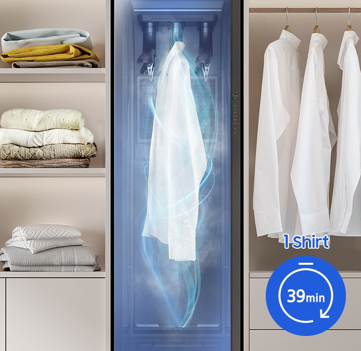 A shirt is dried through an AI Dry course equipped with an intelligent humidity sensor. The sensor reduces the drying time accordingly, and one shirt takes about 39 minutes.