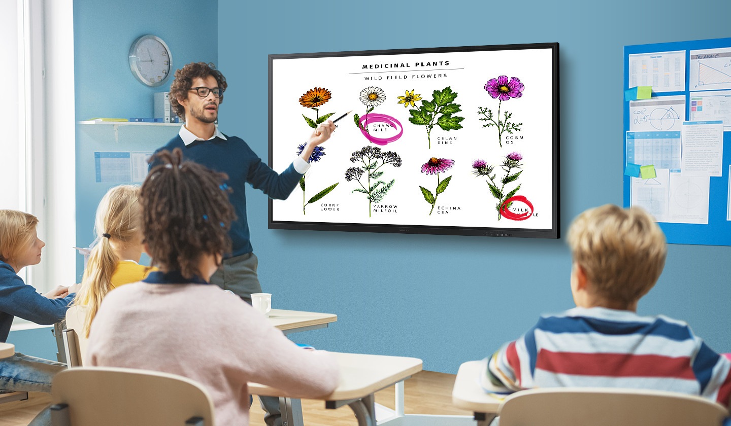 A teacher gives lessons to students in a classroom using the Flip 3.