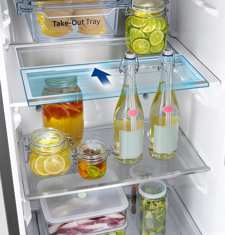 The RR7000M Fridge's shelf is indicated by an arrow that folds inward, and wine bottles can be placed.