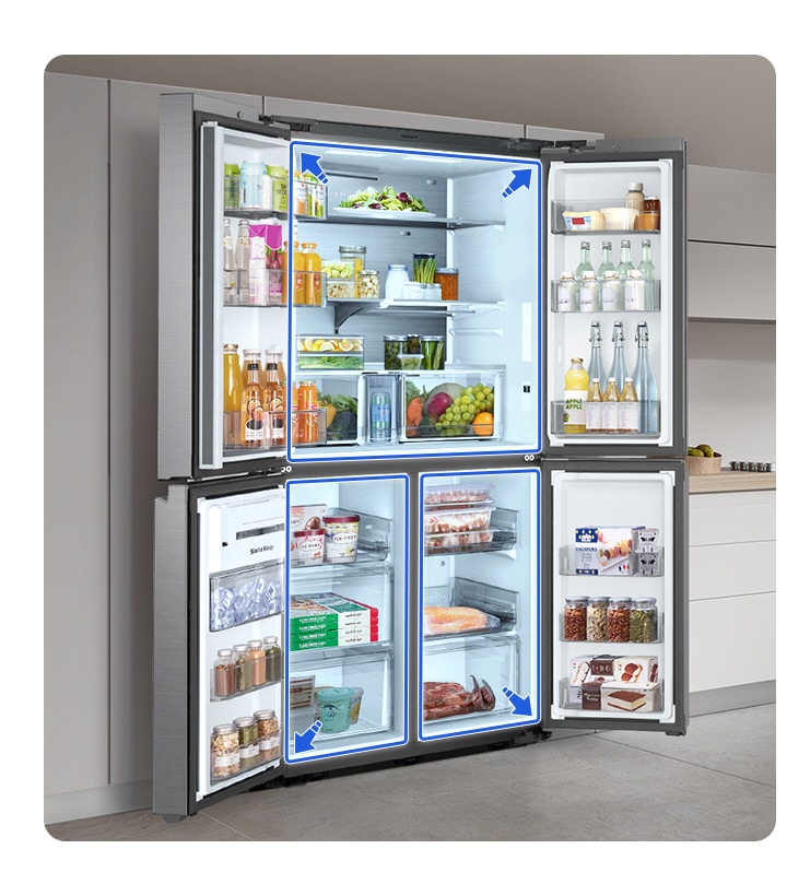 The fridge's 4 wide open doors demonstrate the large capacity and efficiently organized layout for easier use.