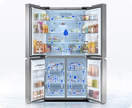 The refrigerator’s four doors are wide open to display the different compartments of the fridge. The upper part is a fridge, while the bottom is divided into two sections. The bottom left side is a freezer, while the right side can be used flexibly as a fridge or freezer.