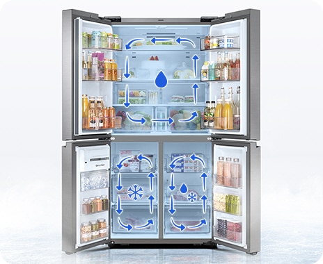 The refrigerator’s four doors are wide open to display the different compartments of the fridge. The upper part is a fridge, while the bottom is divided into two sections. The bottom left side is a freezer, while the right side can be used flexibly as a fridge or freezer.