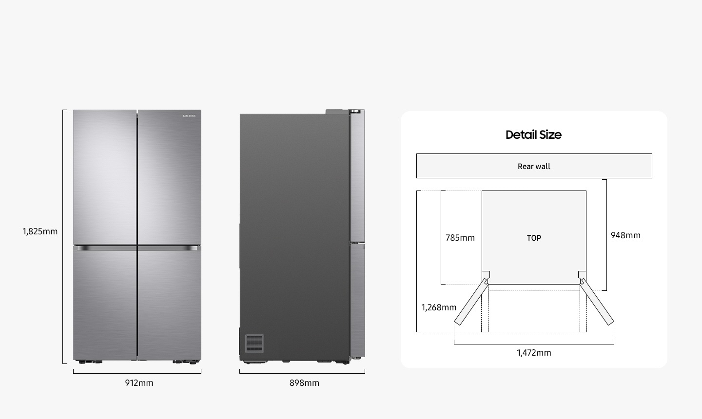 Size measurements: Height 1,825mm, width 912mm, depth 898mm, depth with doors open at a right angle 1,268mm, depth without doors 785mm, install depth 948mm, width with doors open 1,472mm.