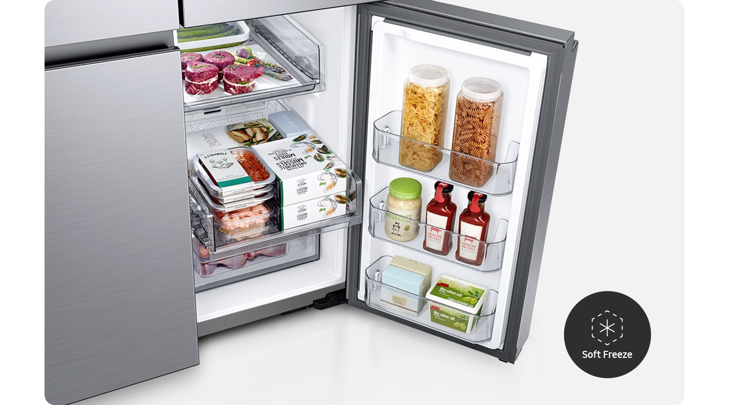 The bottom right door of a fridge is open with foods organized neatly. At right is a Soft Freeze icon.